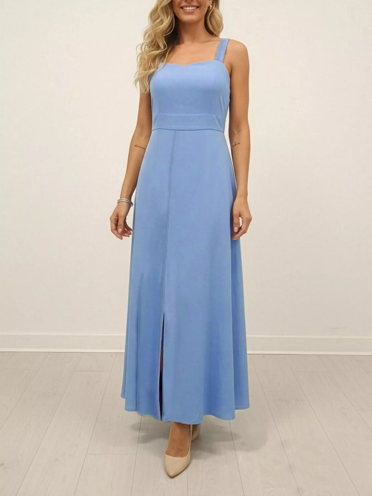 Slit Wide Strap Maxi Dress in Blue