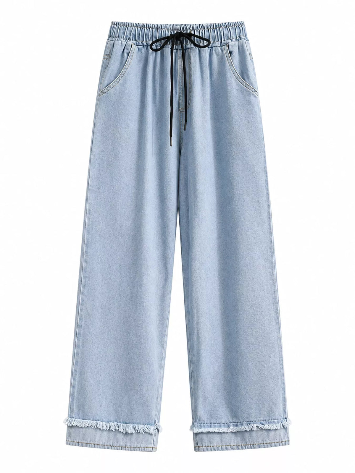 High-Waisted Drawstring Wide-Leg Jeans with Raw Hem