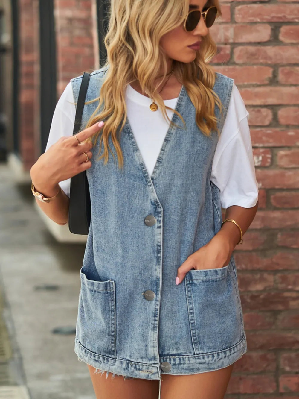 V-Neck Button-Up Denim Vest in Medium by Moni Wear