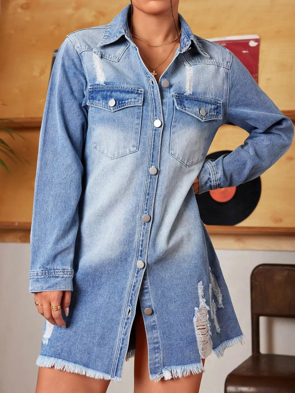Distressed Longline Denim Jacket in Light Blue