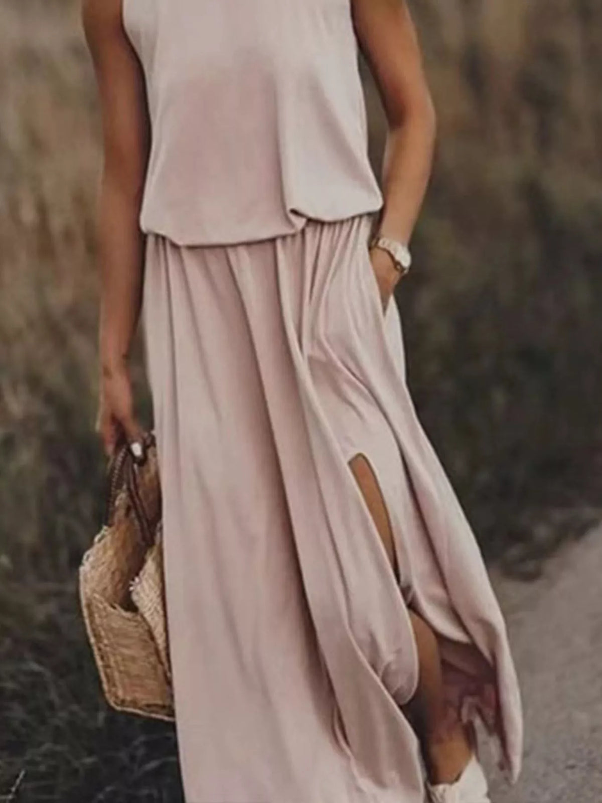 Round Neck Sleeveless Slit Maxi Dress