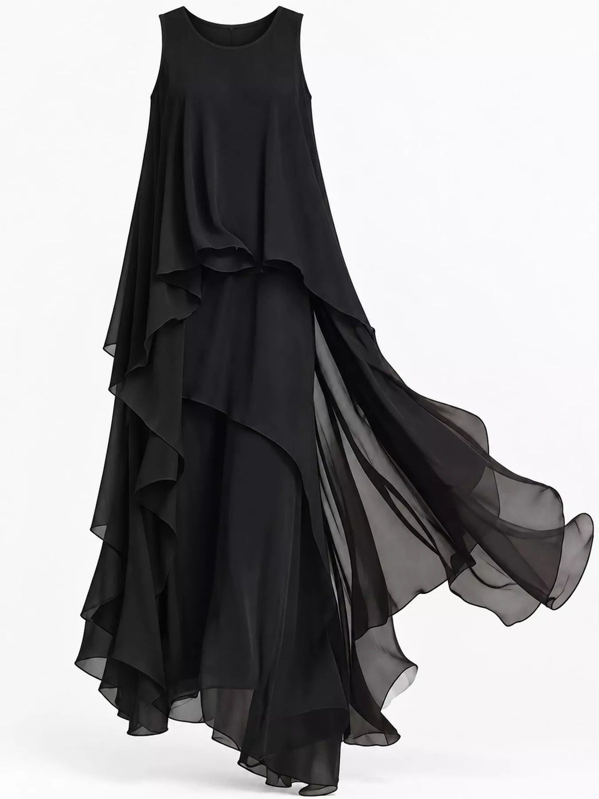 Ruffled Round-Neck Sleeveless Maxi Dress