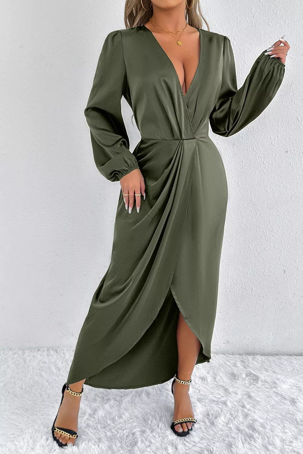 Satin Balloon Sleeve Midi Dress with Side Split