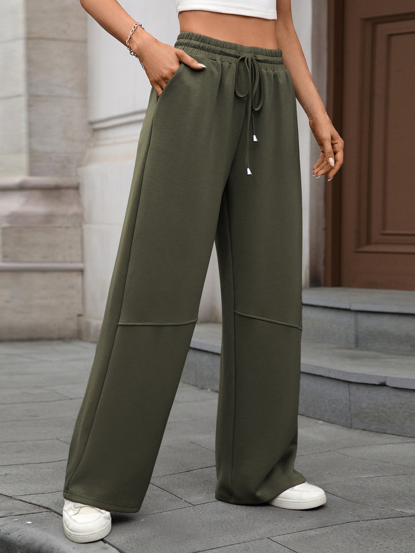 Drawstring High-Waist Wide-Leg Pants