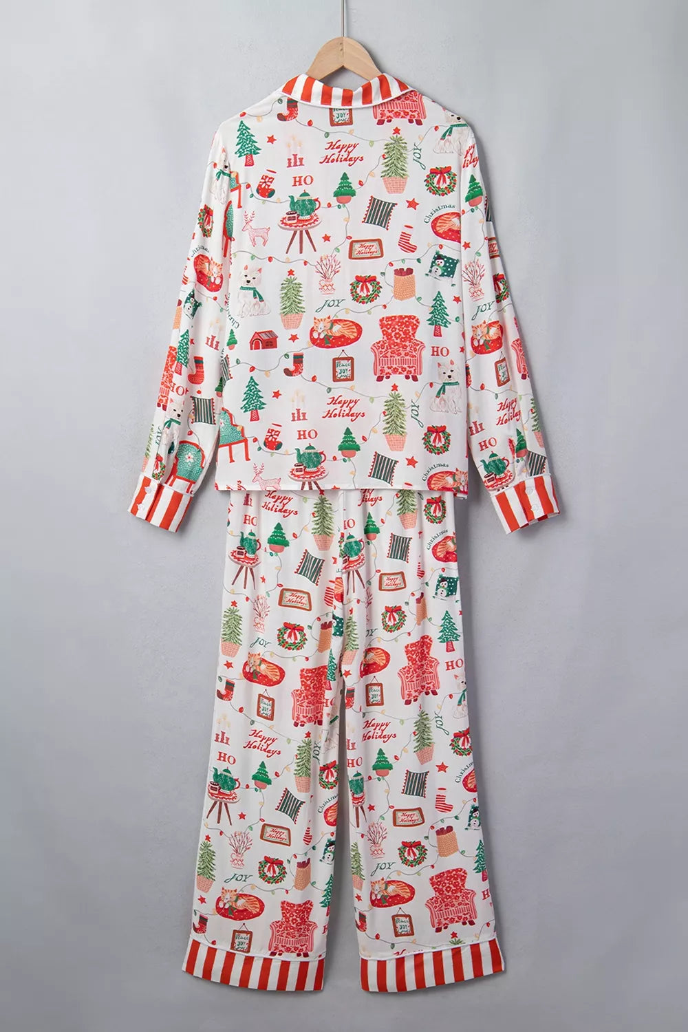 Striped Button-Front Long-Sleeve Lounge Set in White