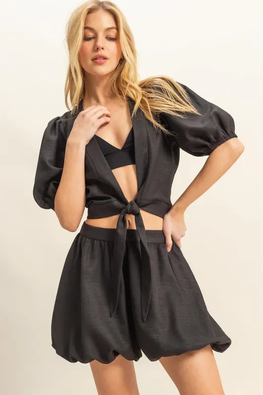 Hyfve Front Tie Top and Bubble Hem Shorts Set in Black