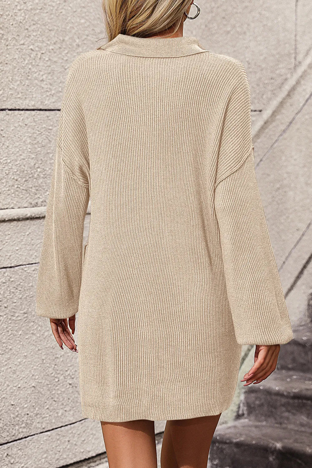 Collared Button-Front Sweater Dress with Pockets
