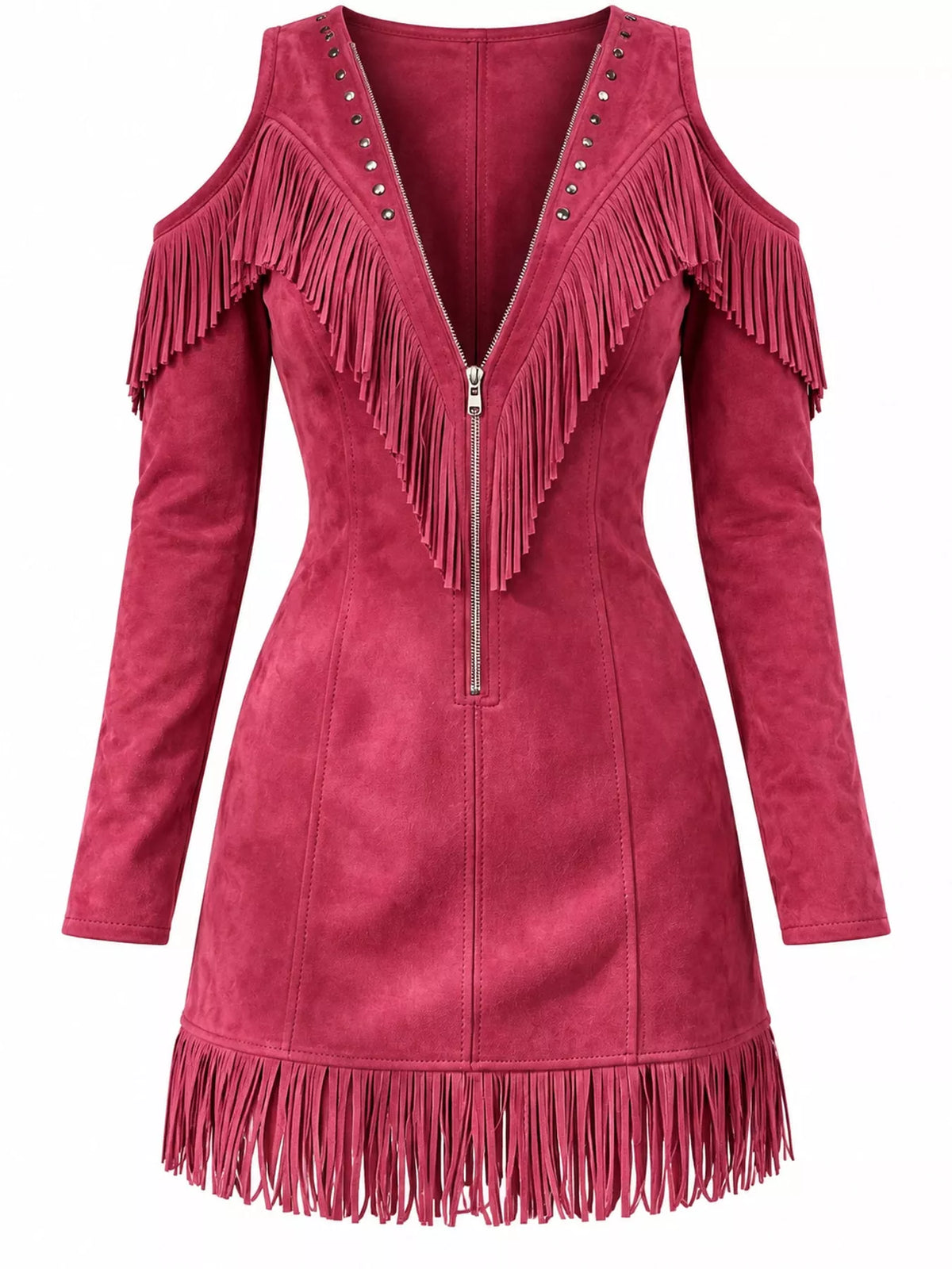 Fringed Cold-Shoulder Zip-Front Mini Dress