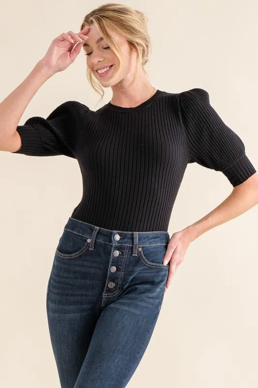And The Why Puffed Half Sleeve Bodysuit in Black