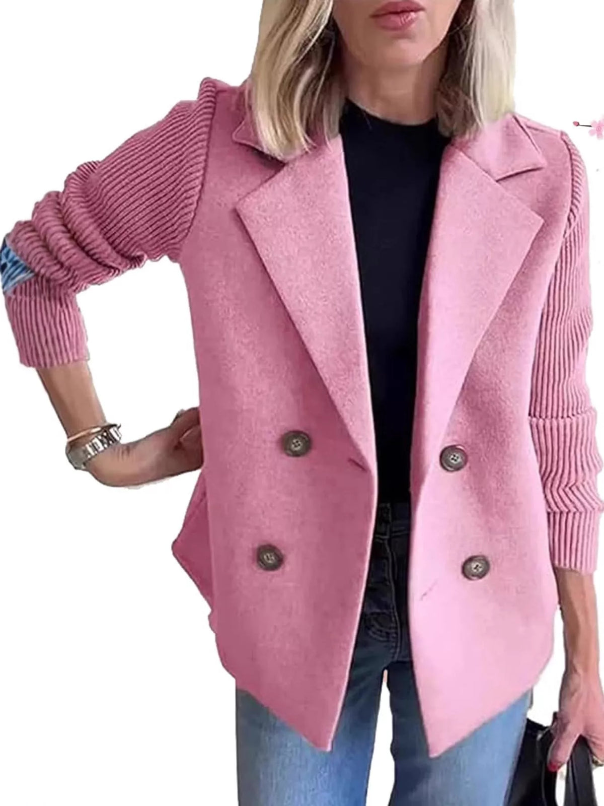 Double-Breasted Hybrid Blazer with Ribbed Knit Sleeves