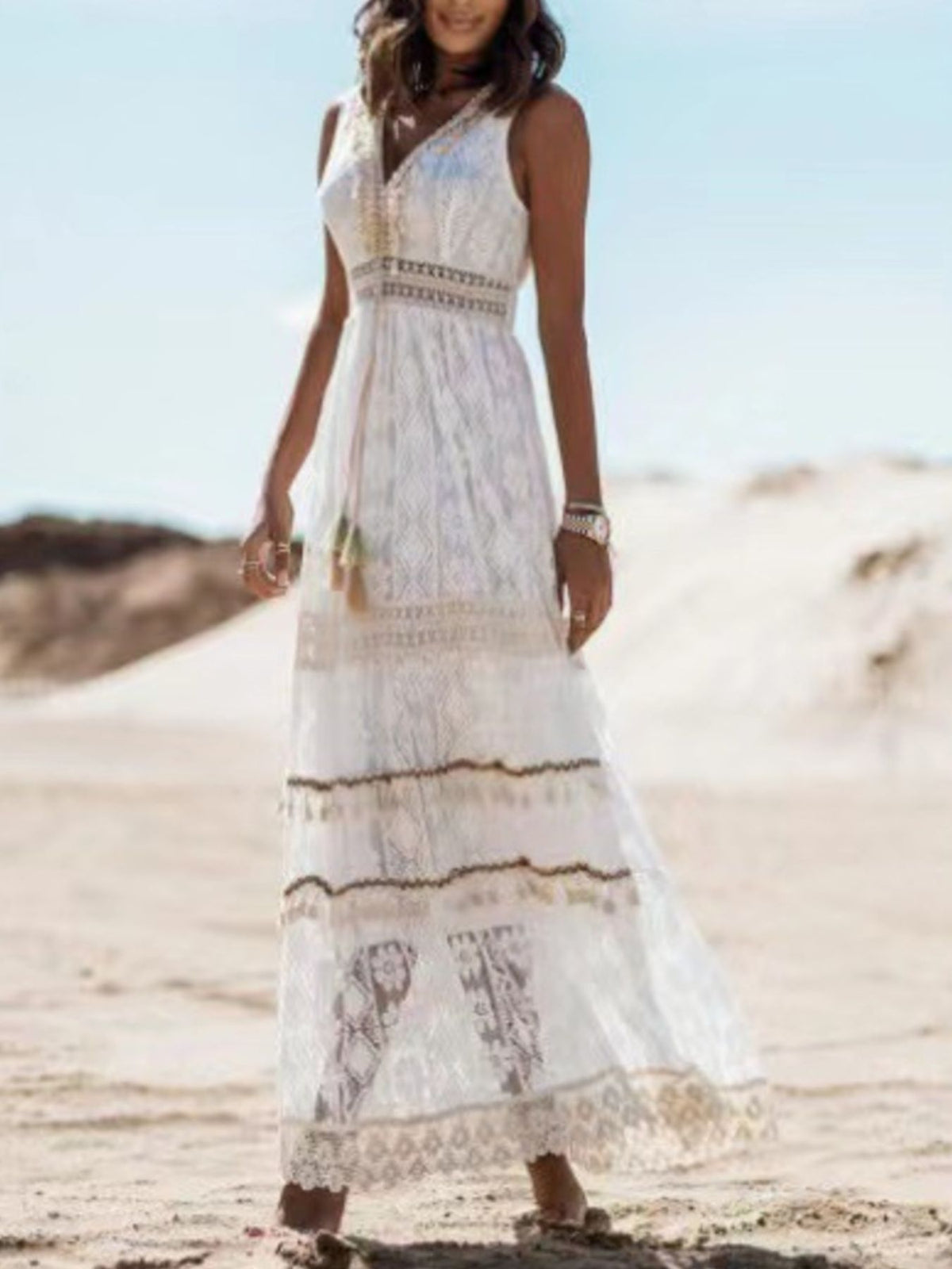 Tasseled Lace V-Neck Maxi Dress