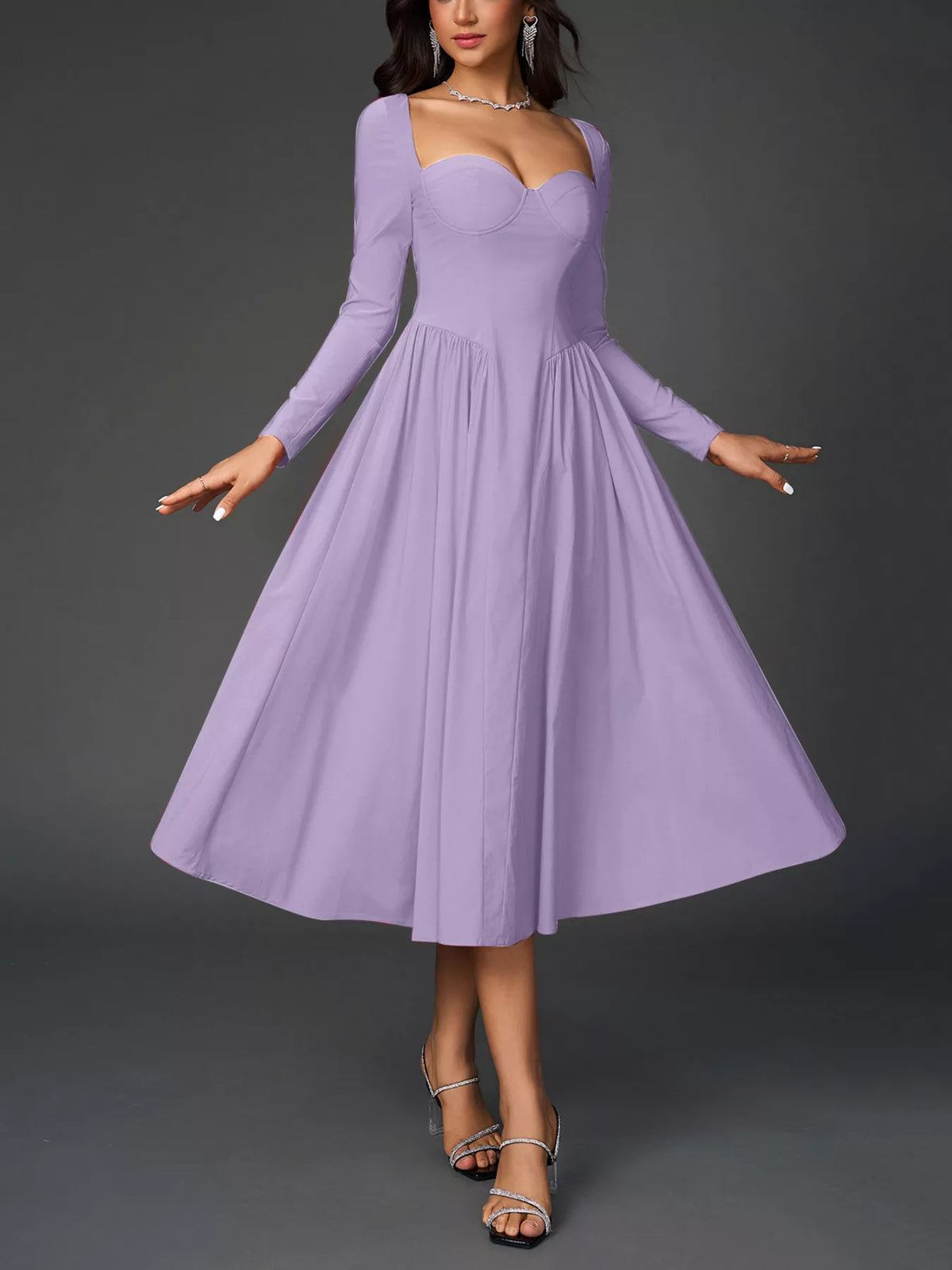 Sweetheart Neckline Long Sleeve A-Line Midi Dress