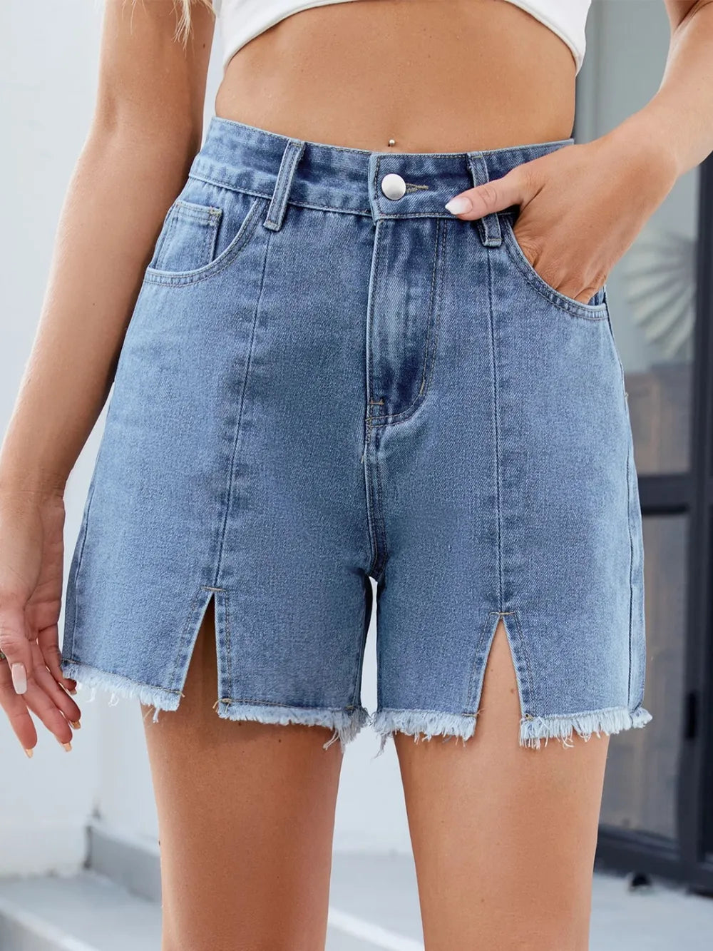 Raw Hem Slit Denim Shorts by Moni Wear