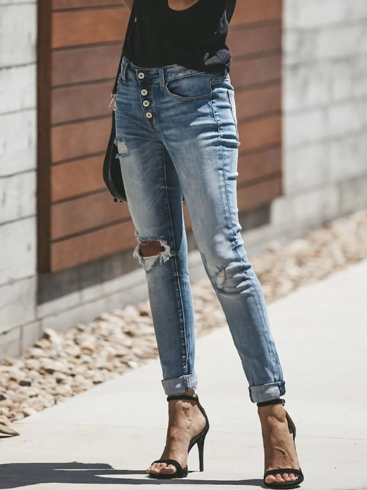 Distressed Button-Fly Skinny Jeans in Light Blue by Lone Star Lady