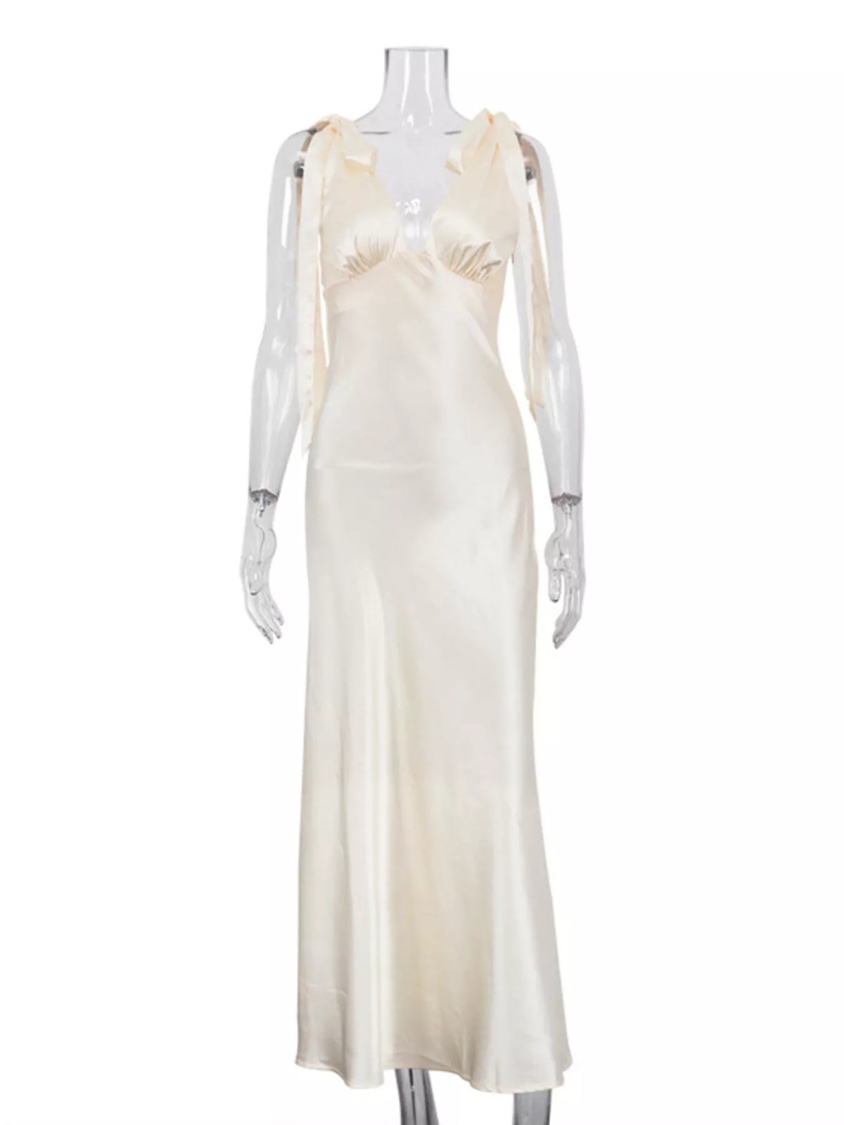 Satin Tie Shoulder Deep V-Neck Dress in Beige