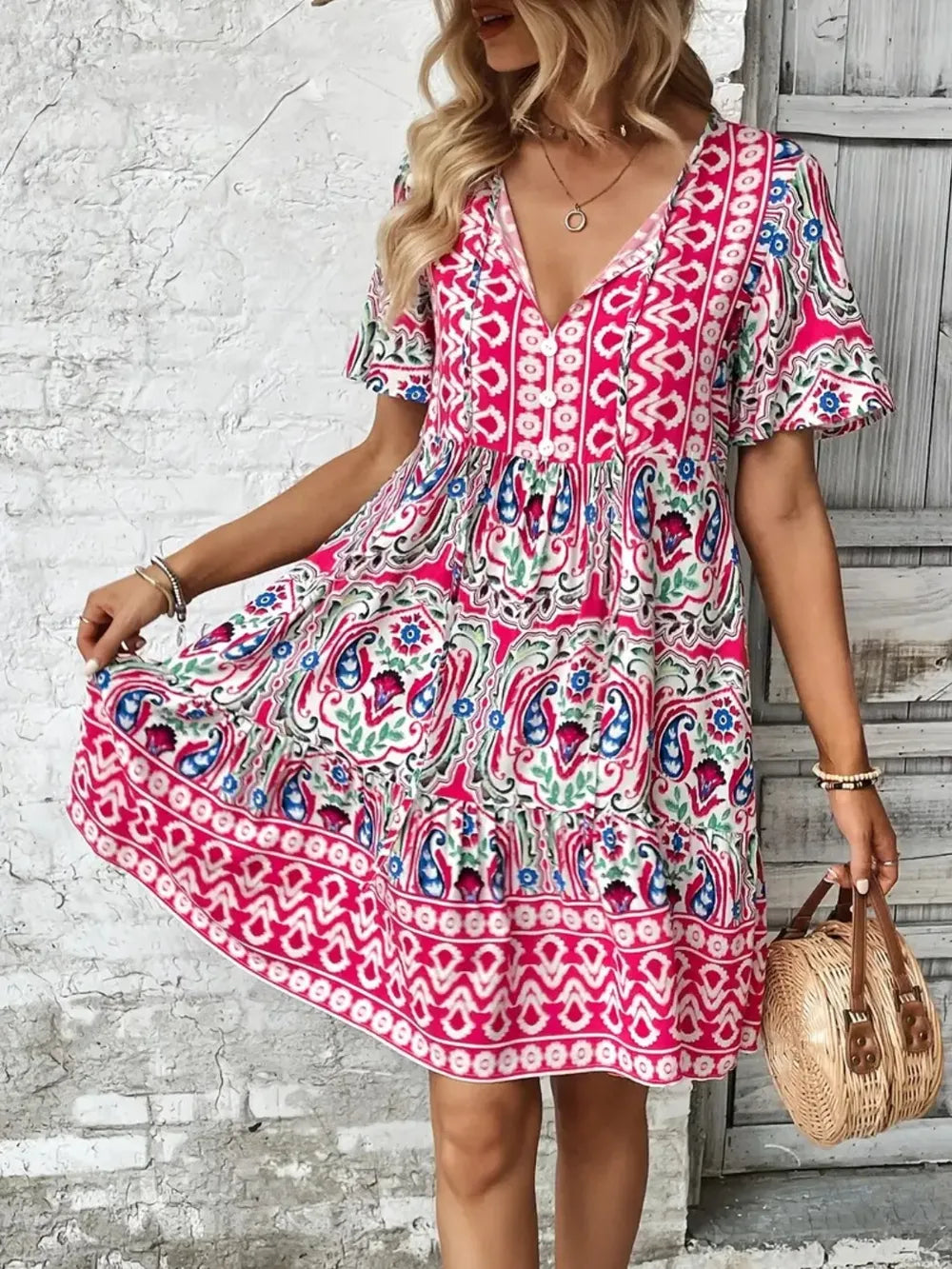 Printed Tie-Neck Short Sleeve Dress