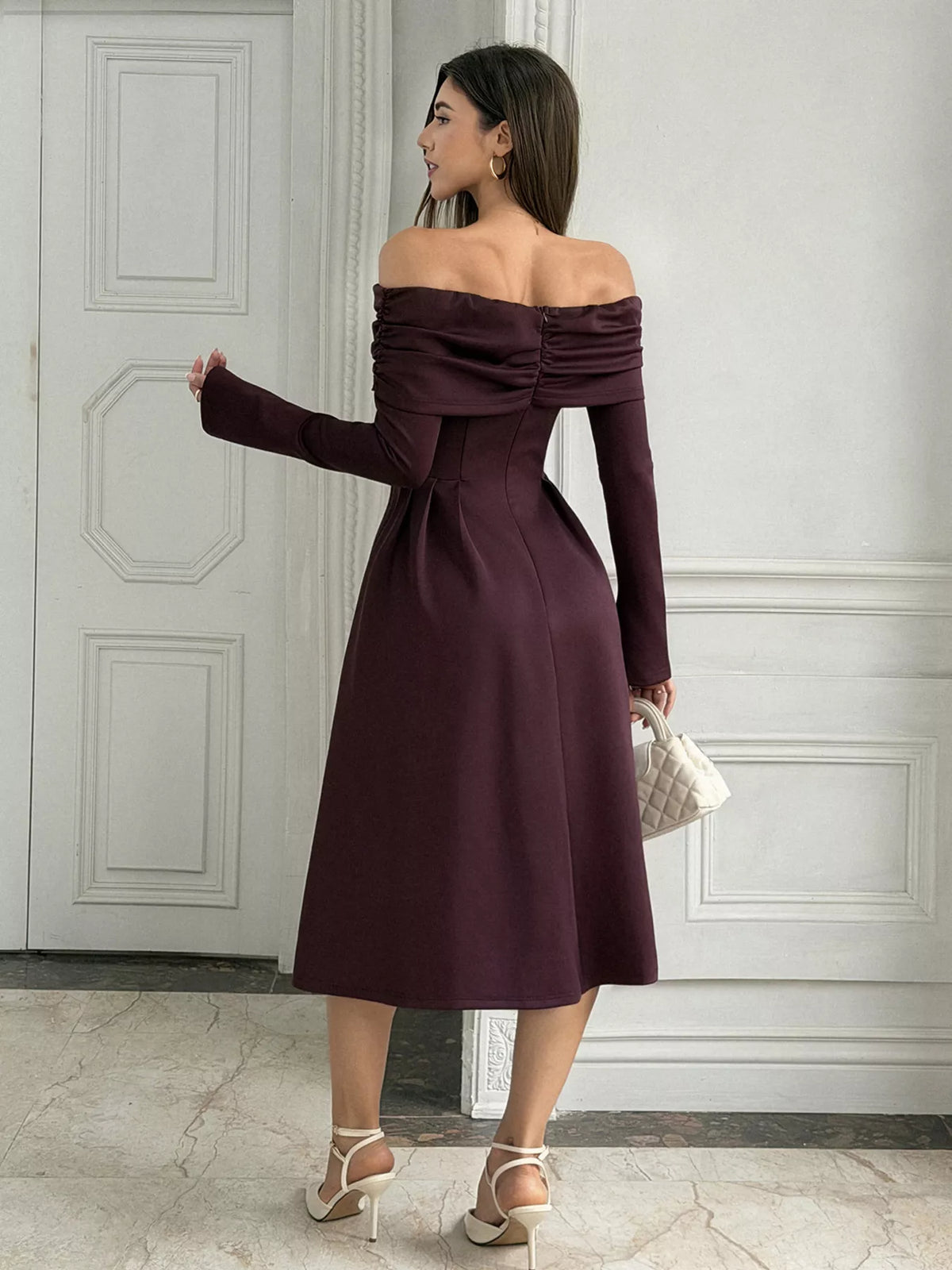 Off-Shoulder Long Sleeve Midi Dress in Coffee Brown