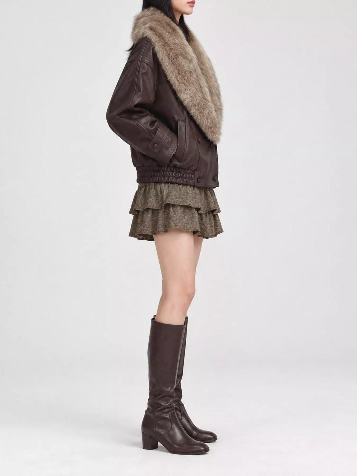 Faux Fur Collar Leather Bomber Jacket in Coffee