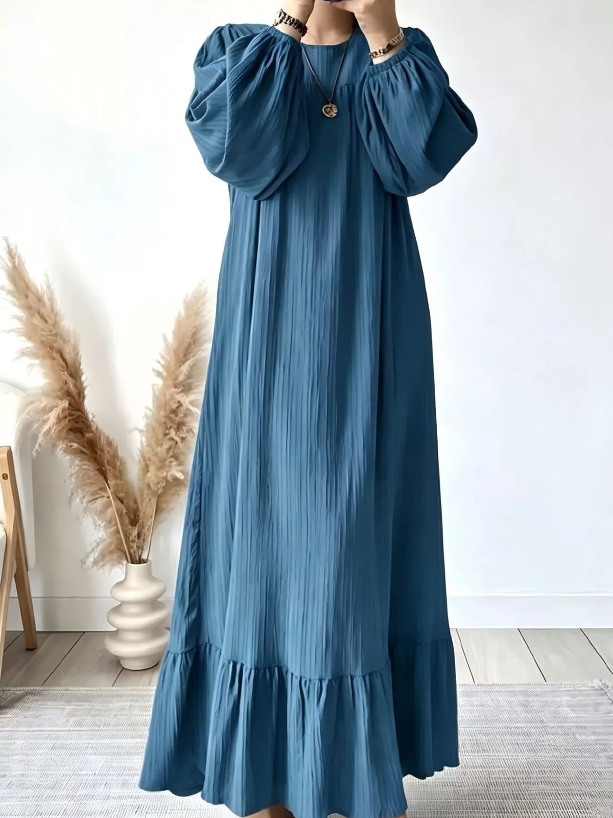 Textured Puff-Sleeve Maxi Dress