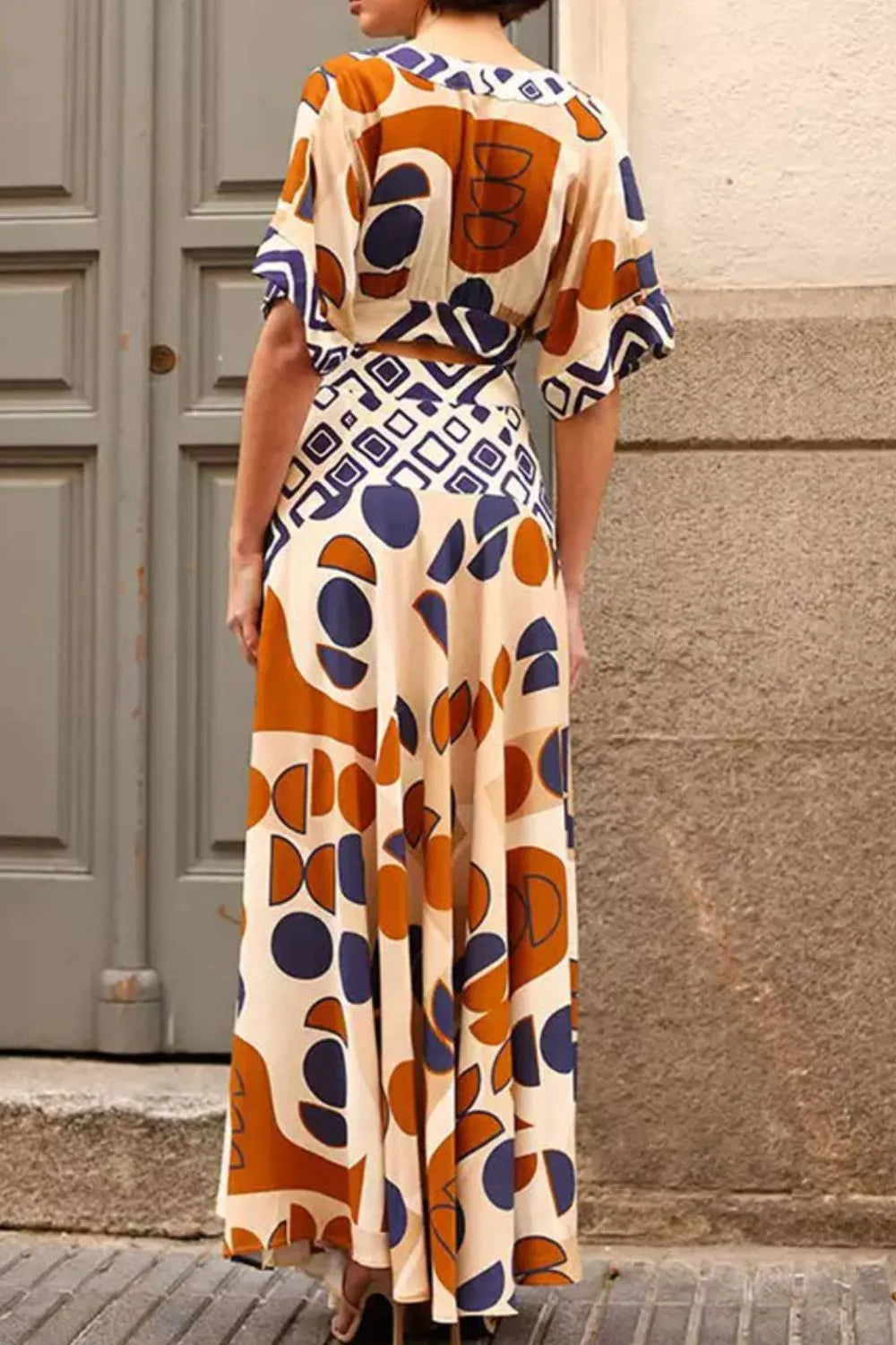 Geometric Print V-Neck Maxi Dress in Caramel by Shenori