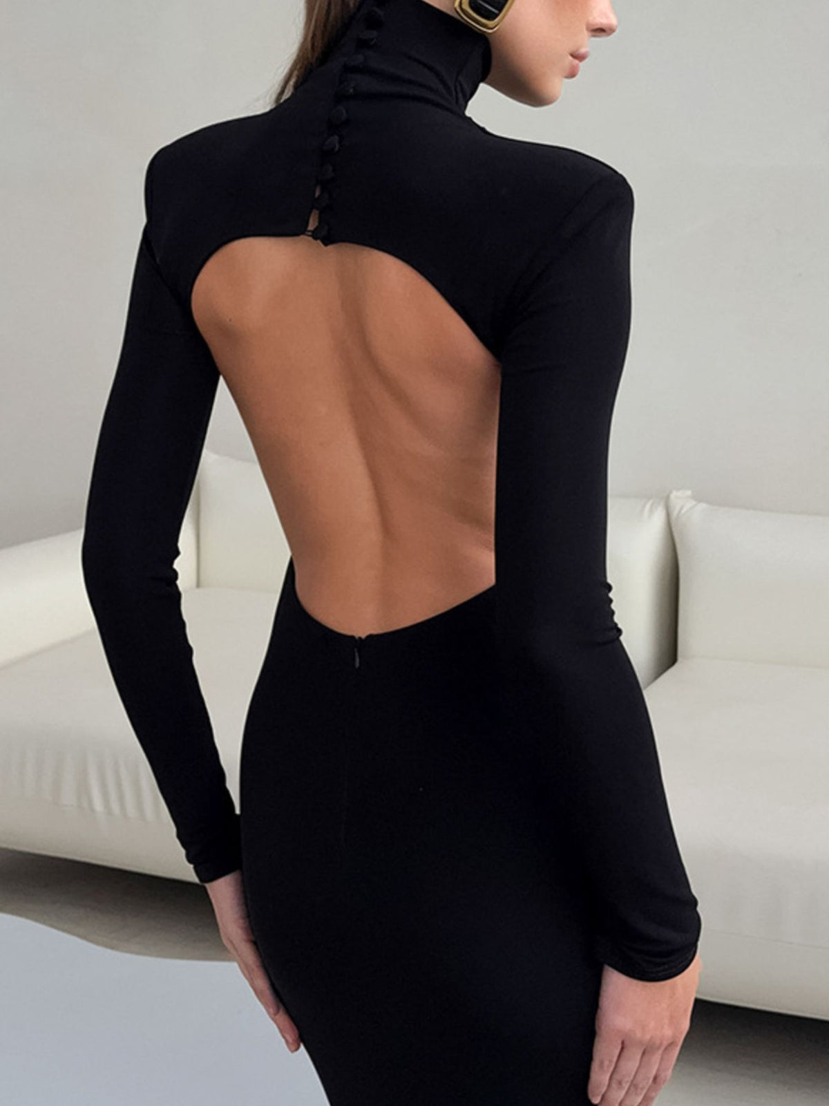 Backless Turtleneck Maxi Dress in Black