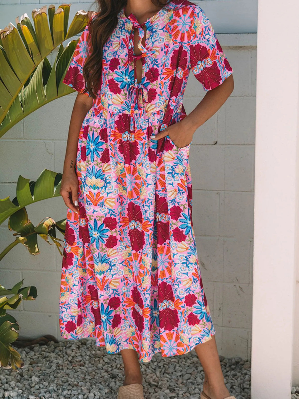 Floral Print Tie-Front Midi Dress