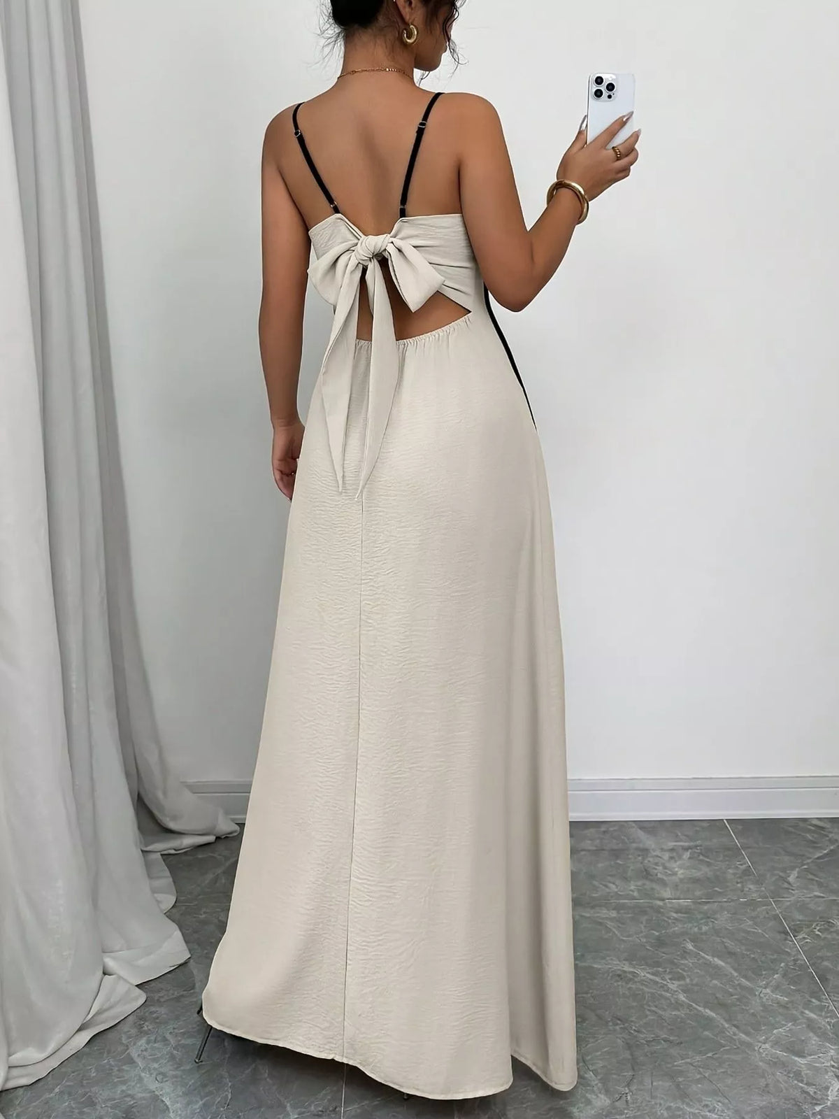 Contrast Trim Spaghetti Strap Maxi Dress in Khaki