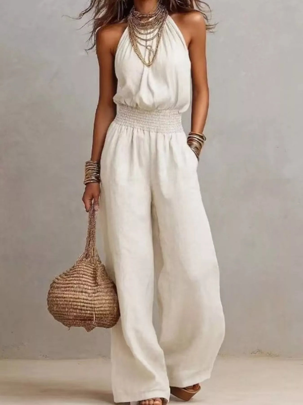 Halter Neck Smocked Wide-Leg Jumpsuit