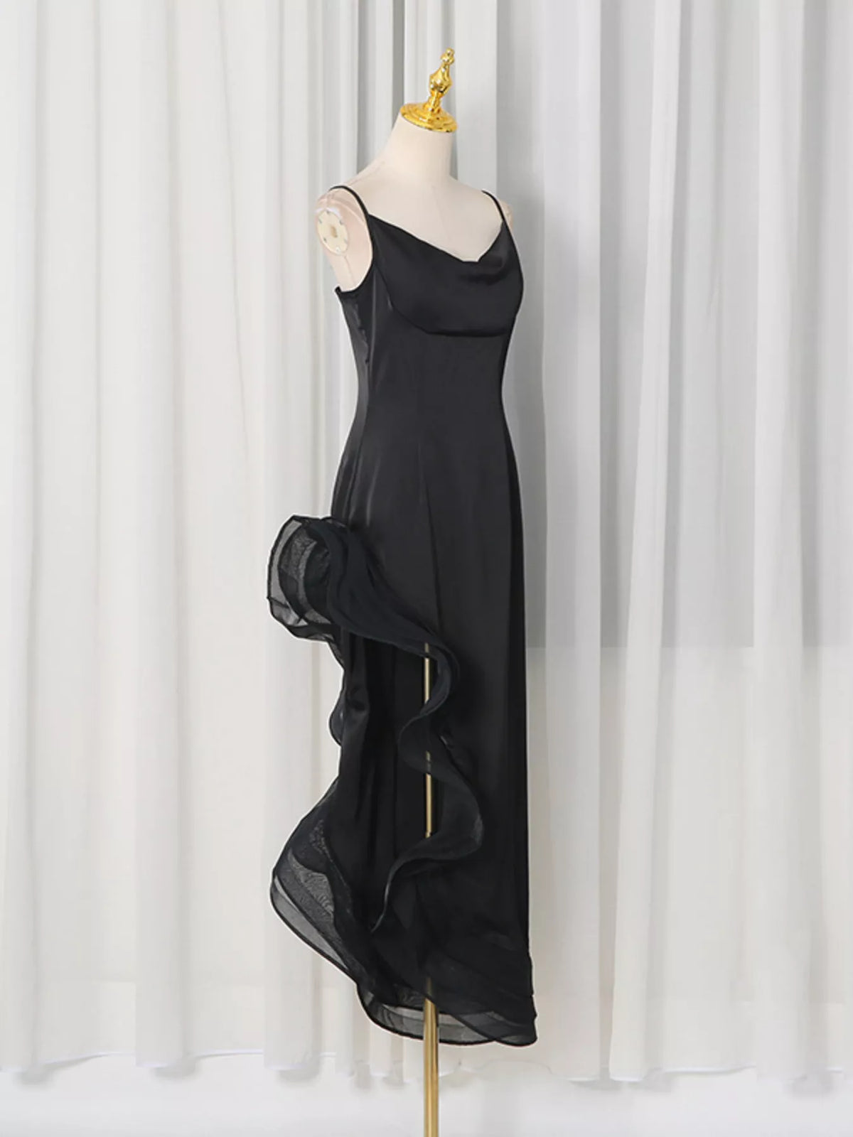 Spaghetti Strap Ruffle Slit Maxi Dress in Black