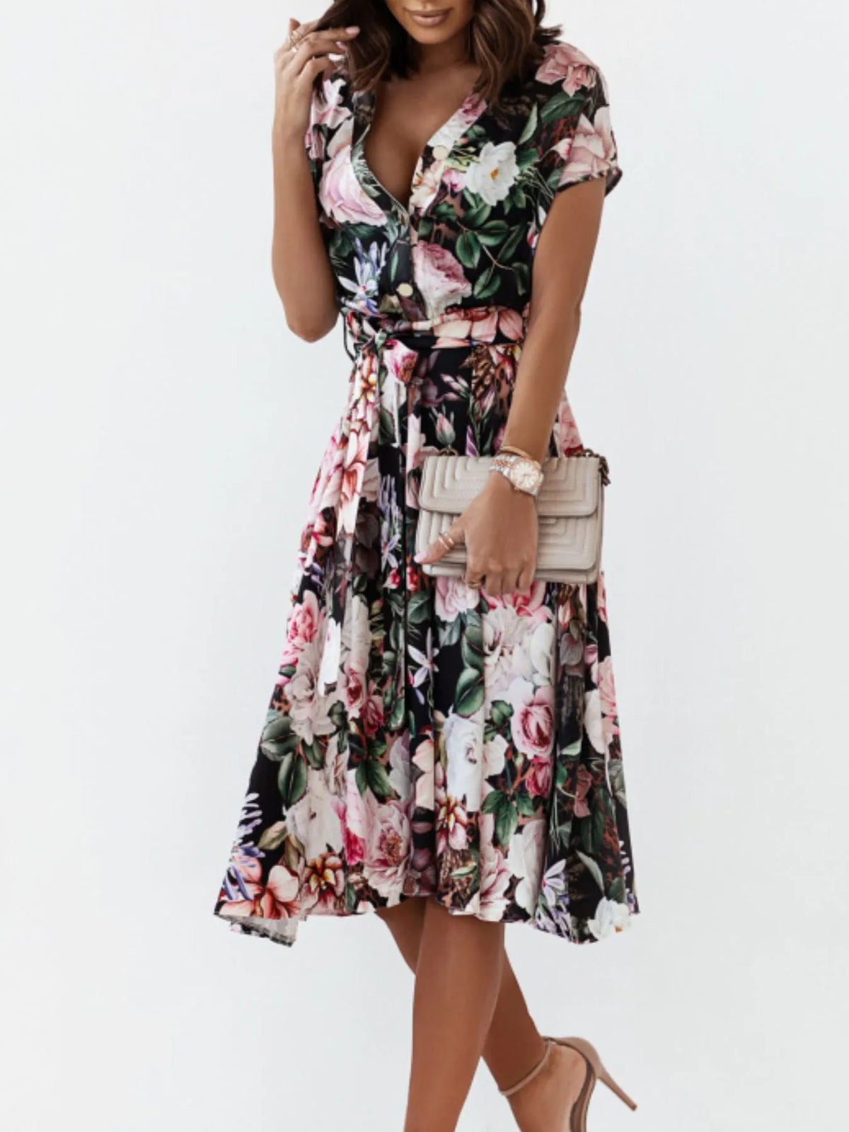 Floral Short Sleeve Midi Dress in Black