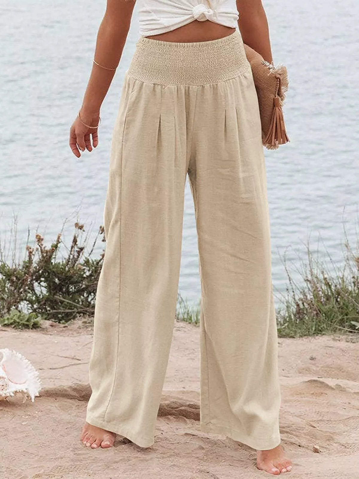 Smocked High-Waisted Wide Leg Pants