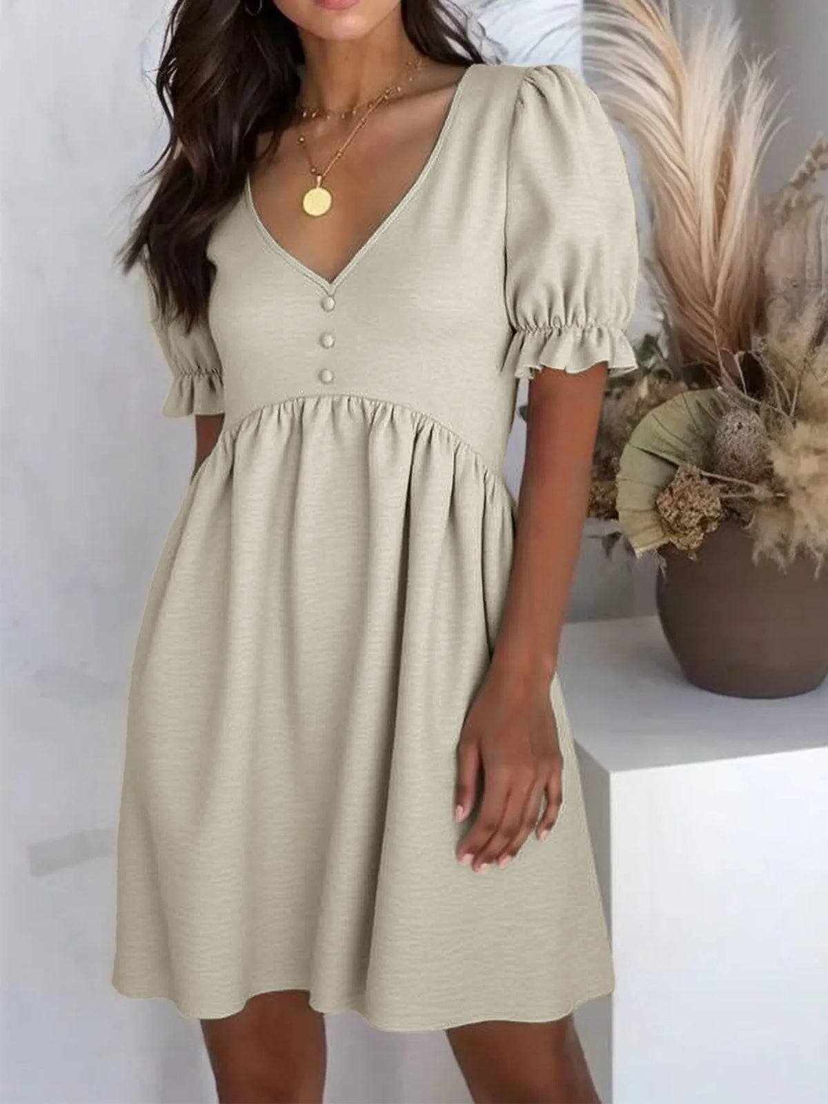 Puff Sleeve Babydoll Dress in Beige