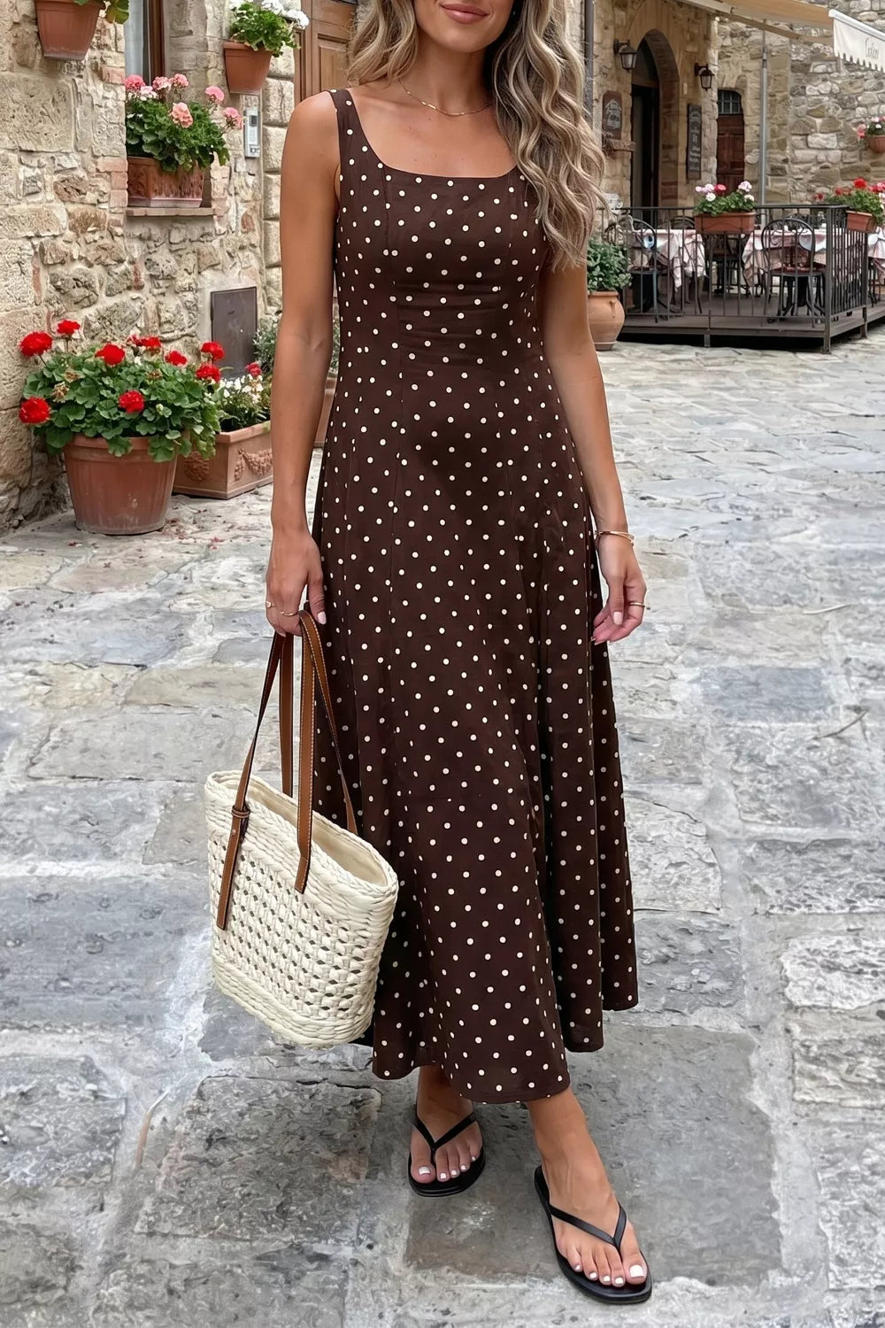 Polka Dot Square Neck Maxi Dress in Coffee Brown