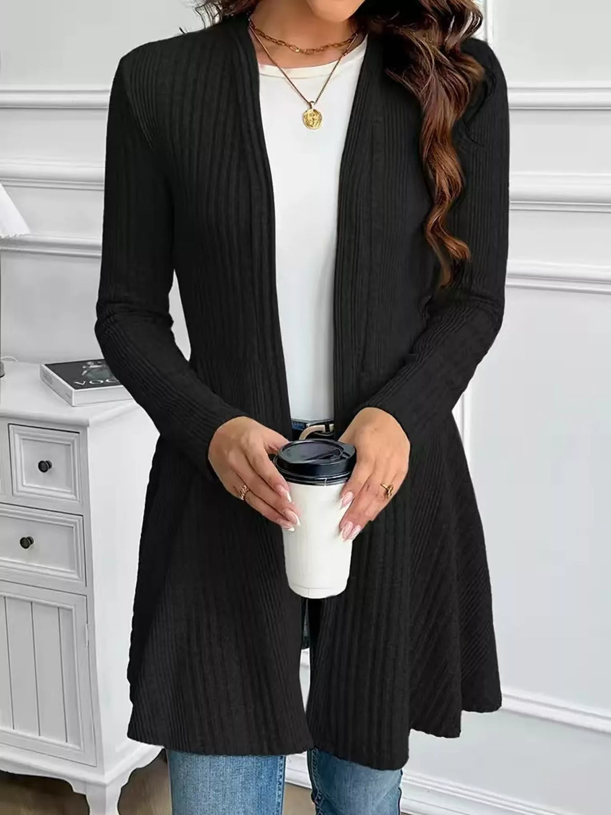 Ribbed Knit Open-Front Cardigan