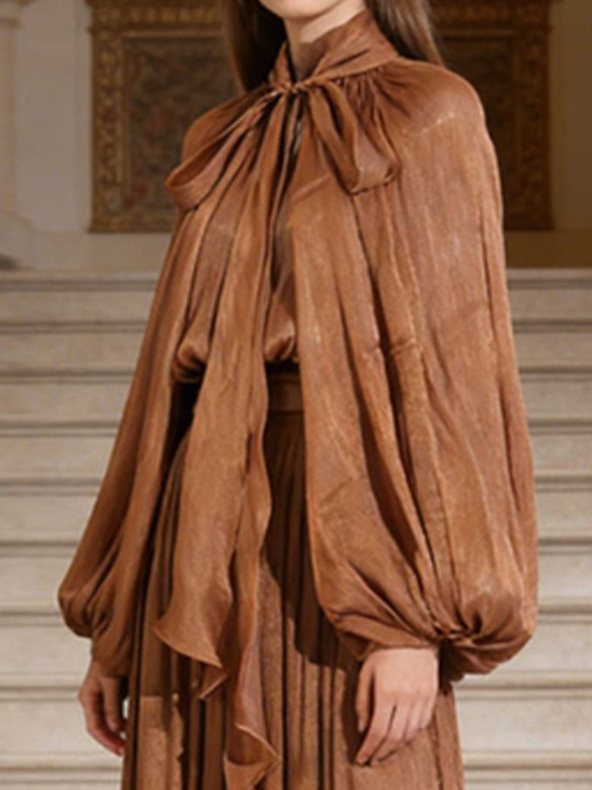 Tie-Front Balloon Sleeve Midi Dress
