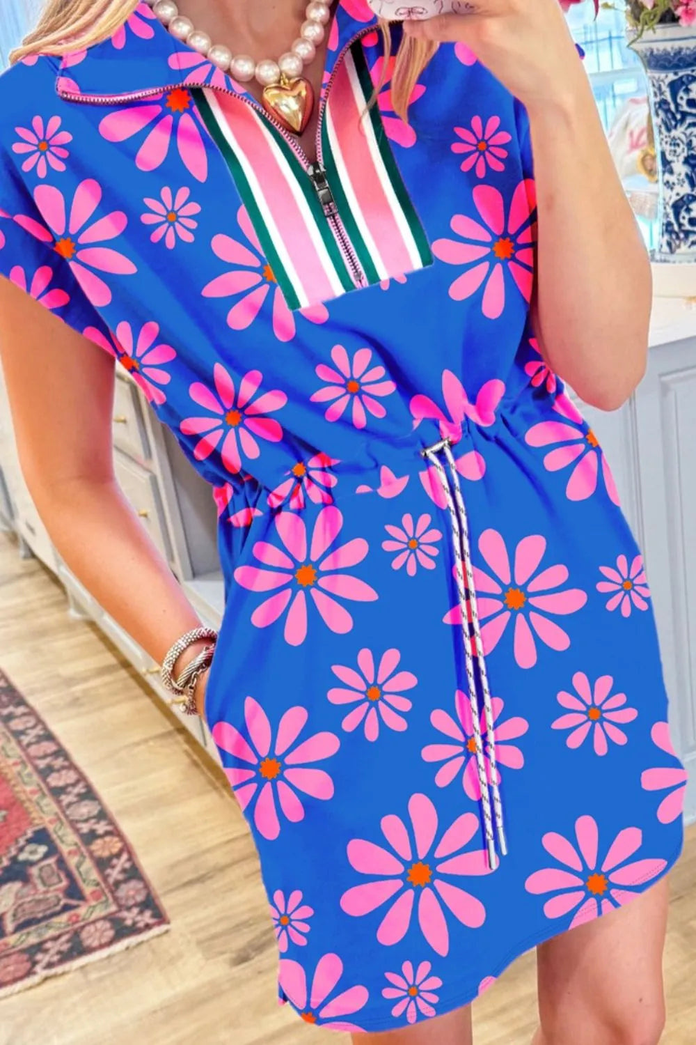 Floral Zip-Collar Drawstring Mini Dress in Blue