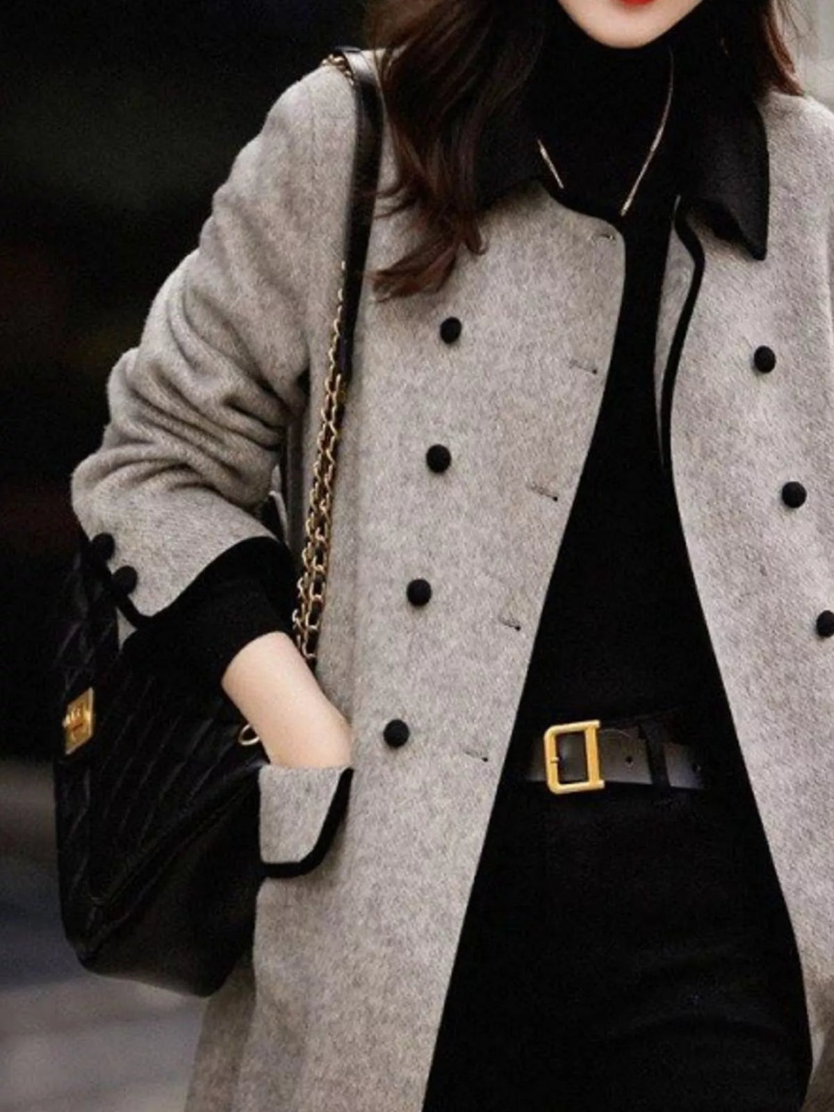 Double-Breasted Coat with Contrast Trim in Gray