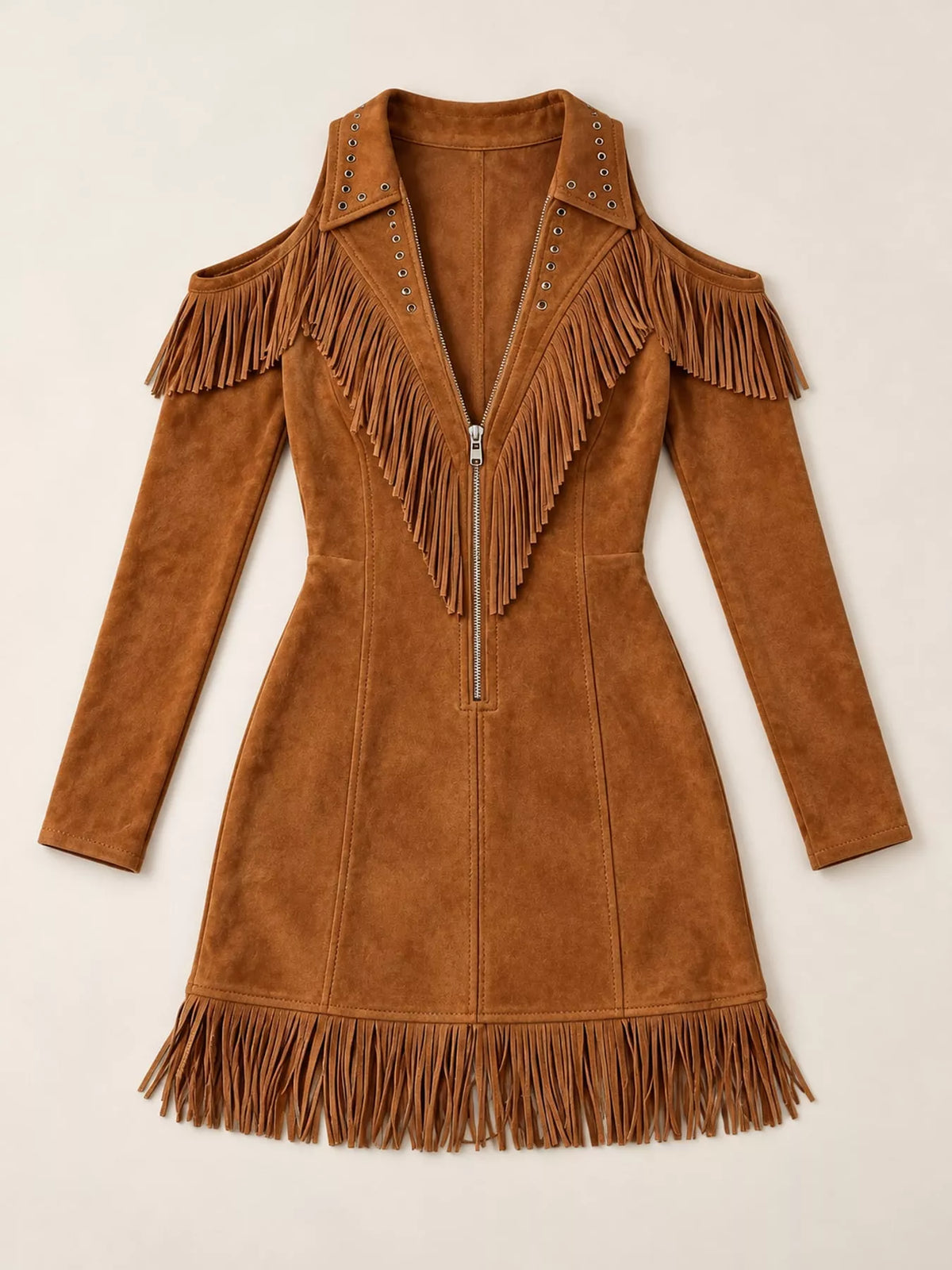 Fringed Cold-Shoulder Zip-Front Mini Dress