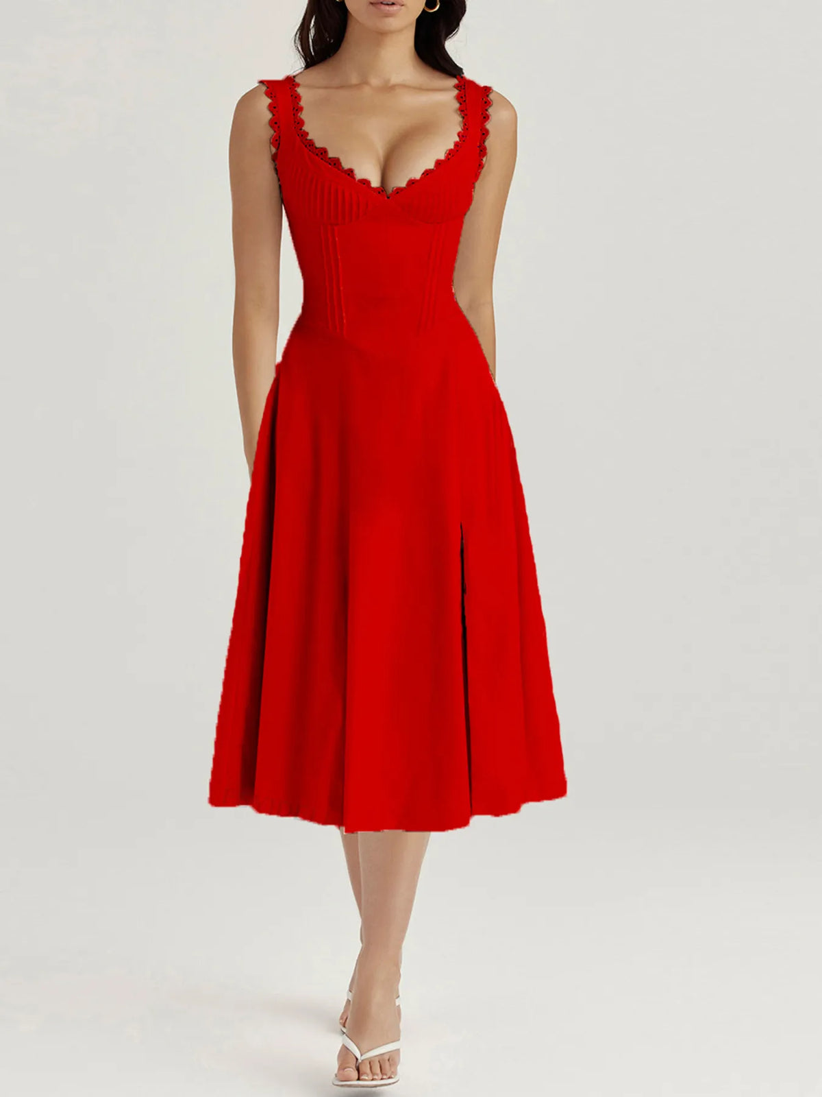 Scalloped V-Neck Lace-Up Midi Dress