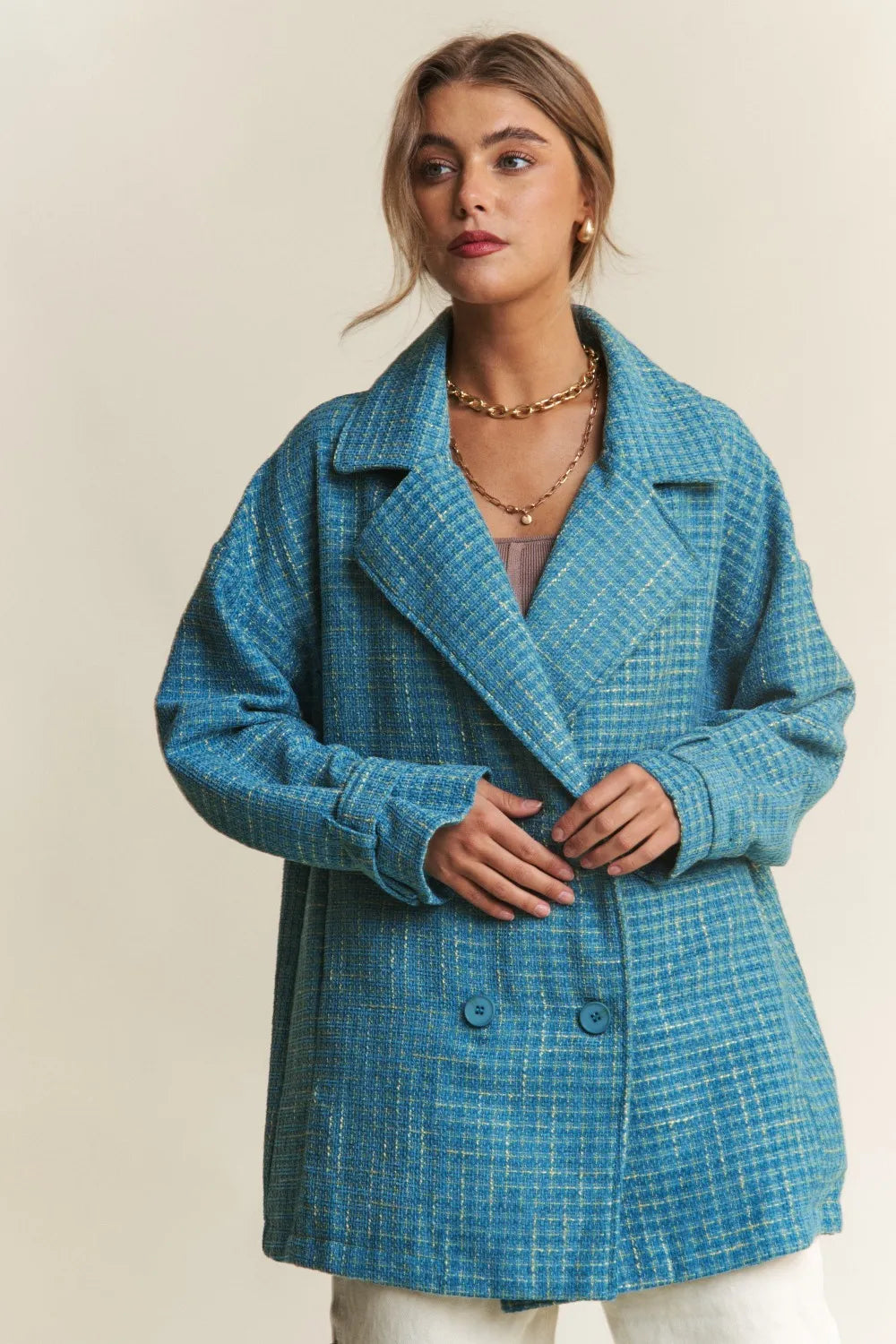 Tweed Double-Breasted Coat in Emerald Sea by J.NNA
