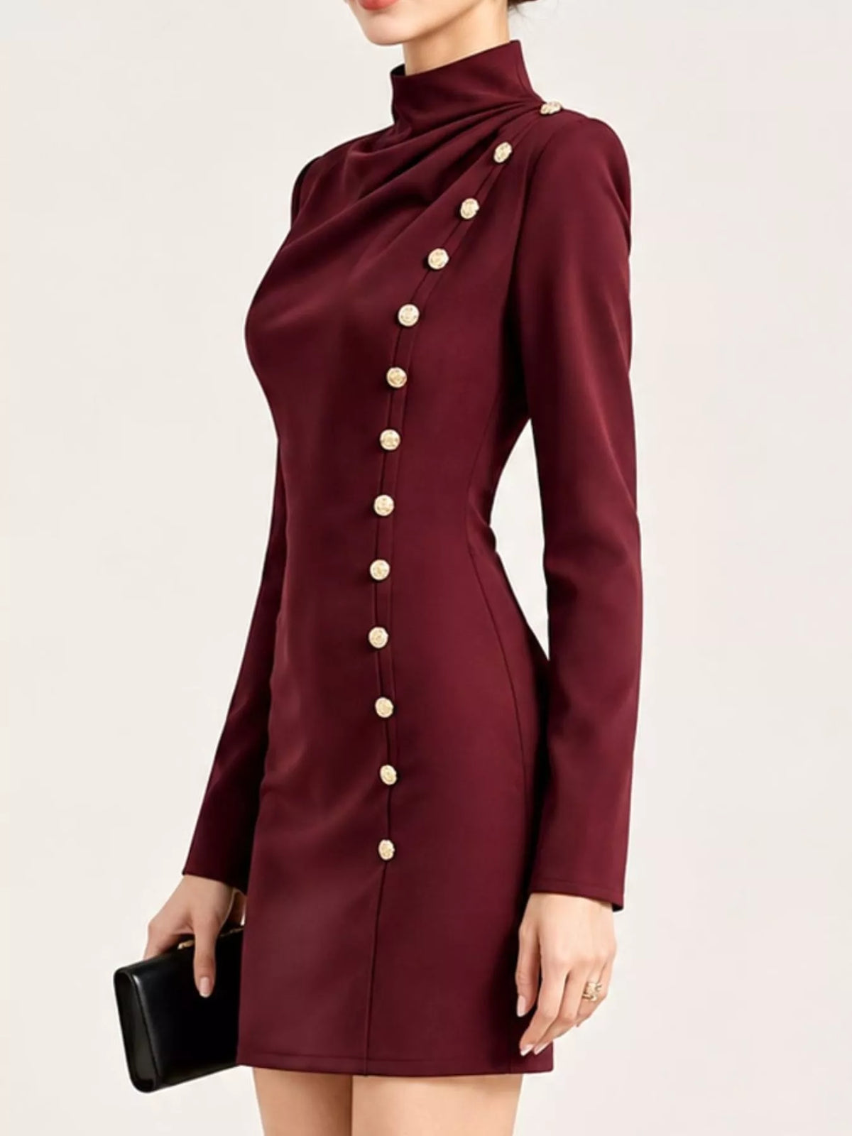 Decorative Button Mock Neck Mini Dress