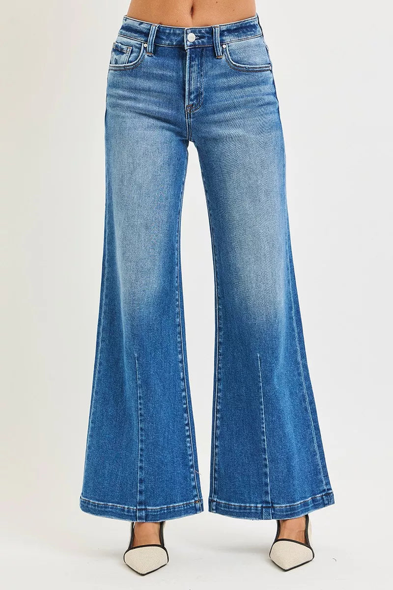 Risen Flared Wide Leg Jeans in Medium Wash