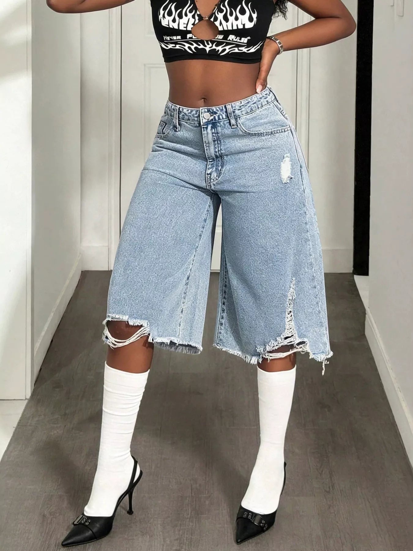 Distressed Wide-Leg Denim Shorts in Light Blue
