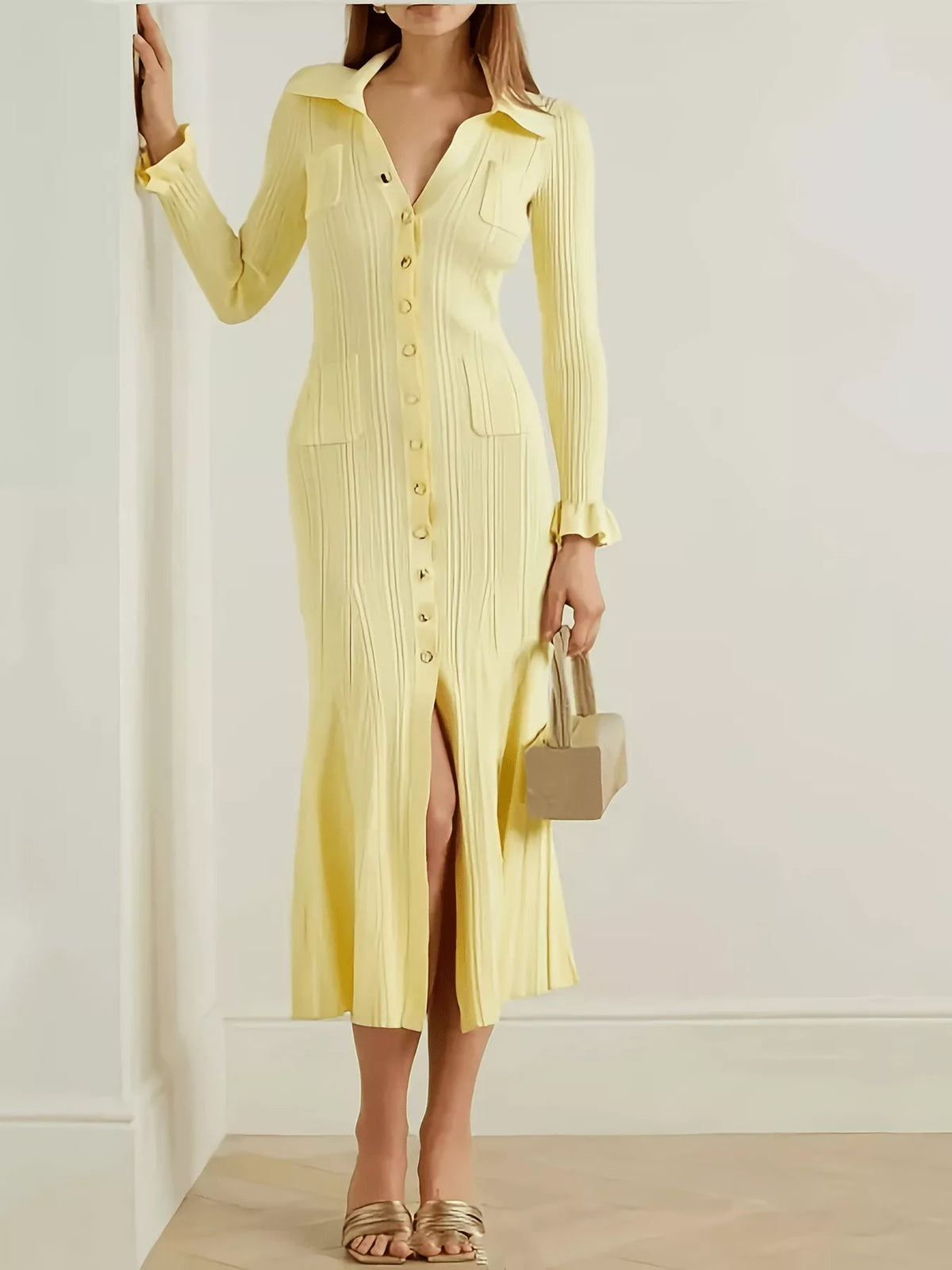 Button-Down Flounce Sleeve Sweater Dress in Pastel Yellow
