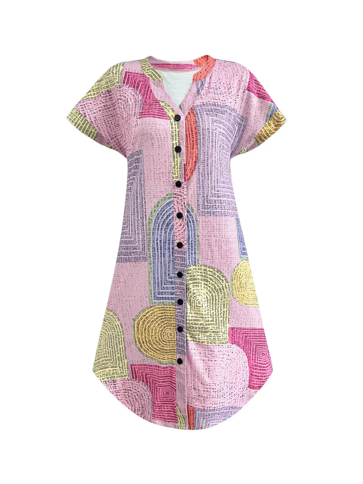 Geometric V-Neck Button-Front Dress