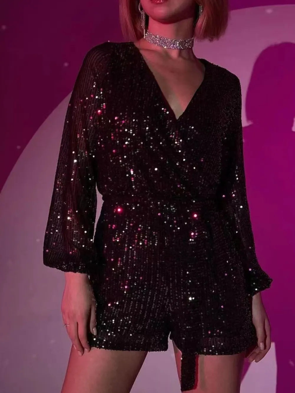 Sequin Surplice Tie Waist Romper