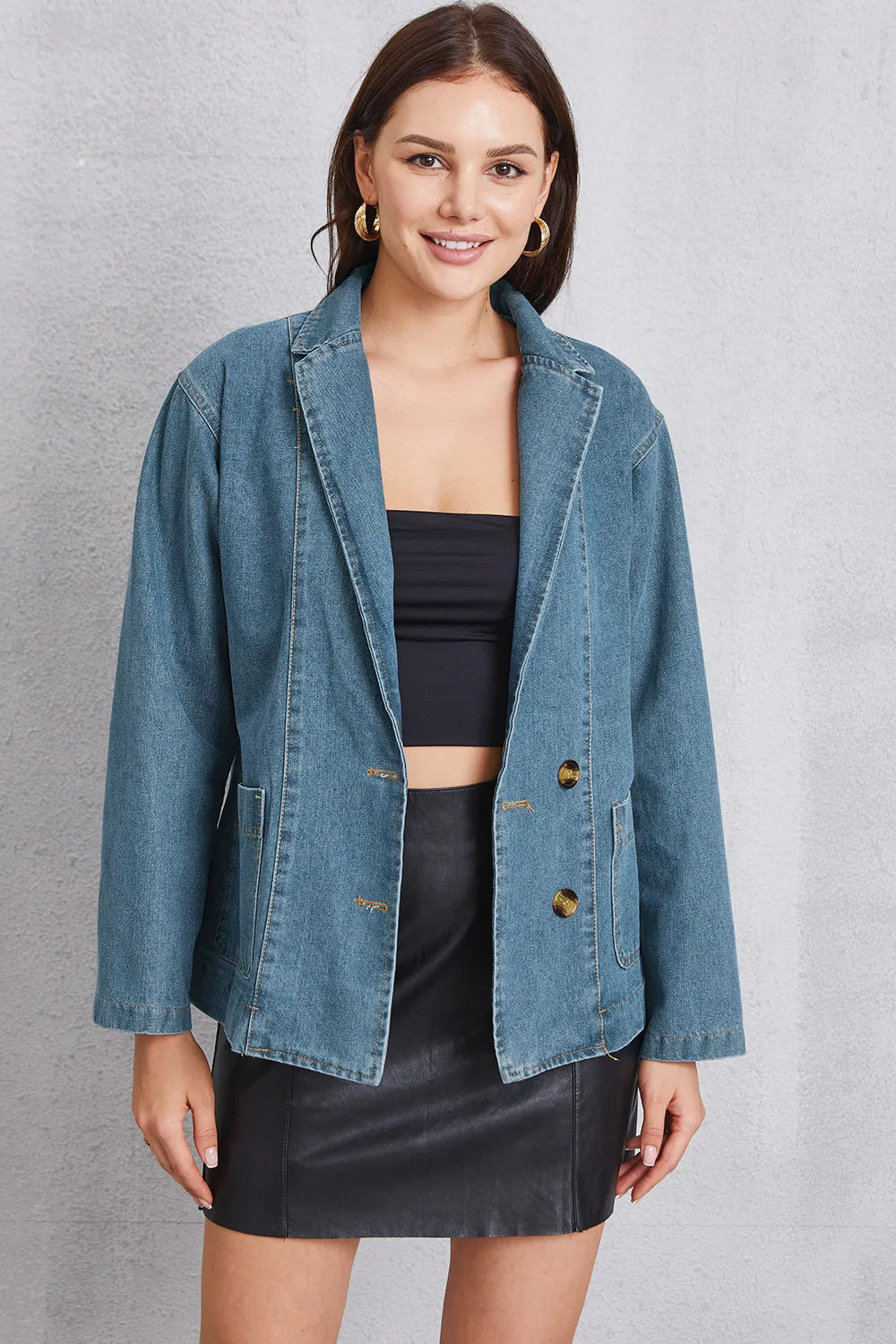 Long Sleeve Pocketed Denim Jacket in Medium Wash by Y.Y@Denim
