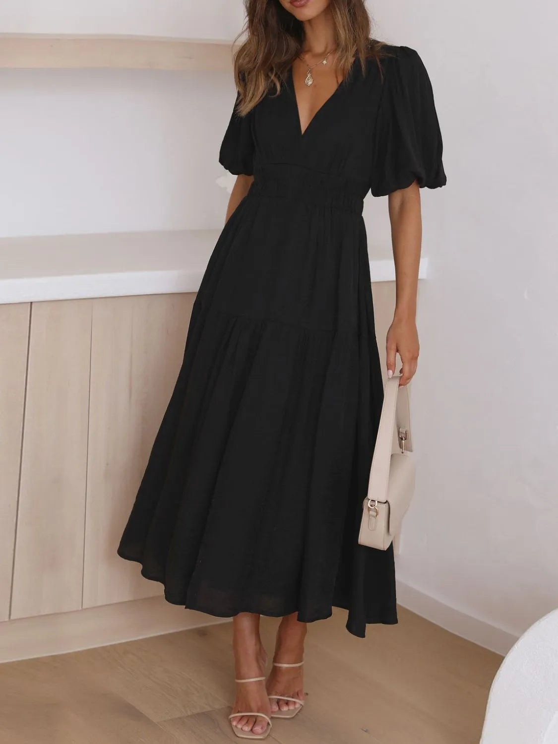 V-Neck Puff Sleeve Ruched Midi Dress