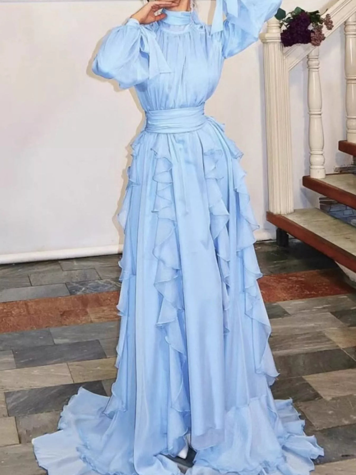 Ruffled Turtleneck Maxi Dress in Light Blue