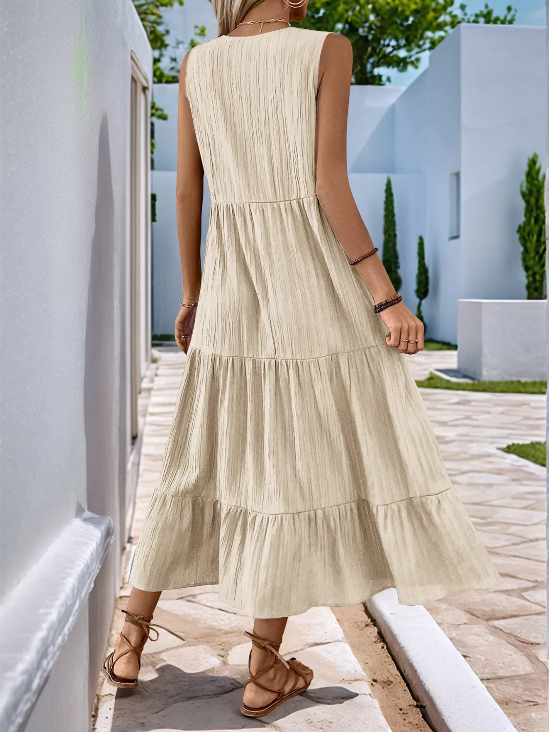 Notched Neckline Tiered Midi Dress